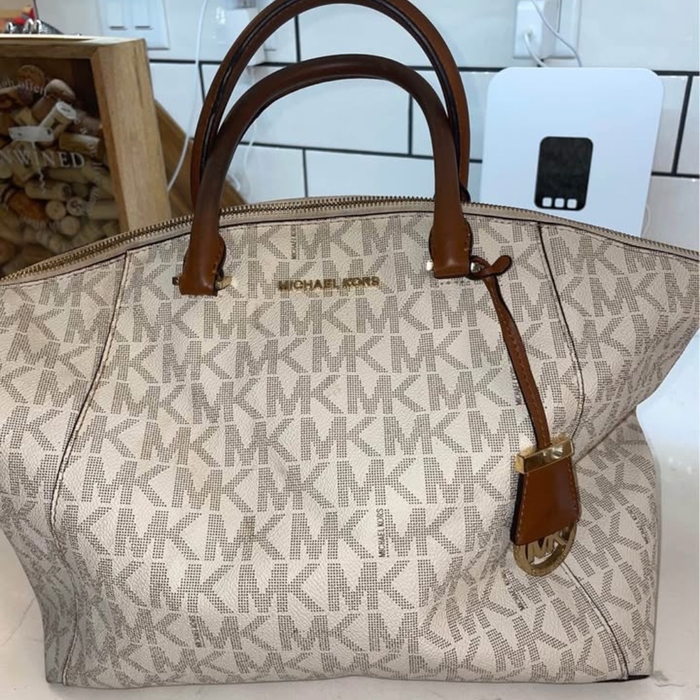 Michael Kors Logo White and Tan Satchel Bag